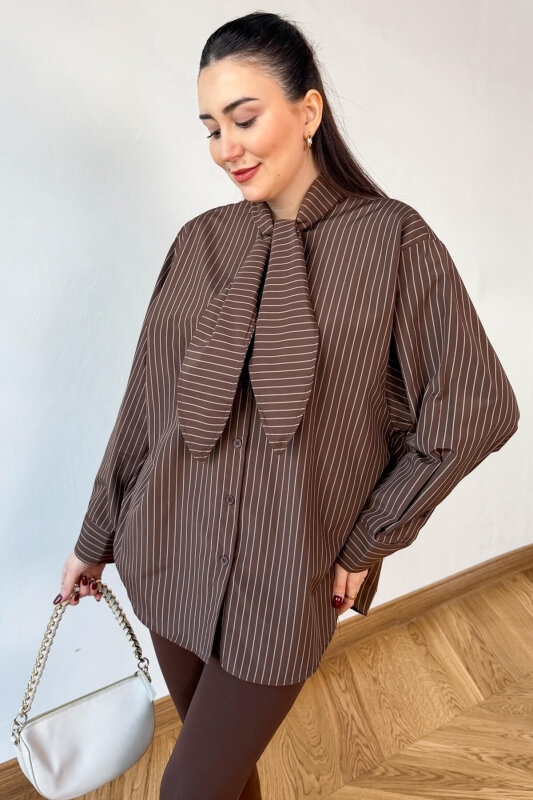 GML-0795 Kahverengi Çizgili Oversize Fular Yaka Gömlek - 2