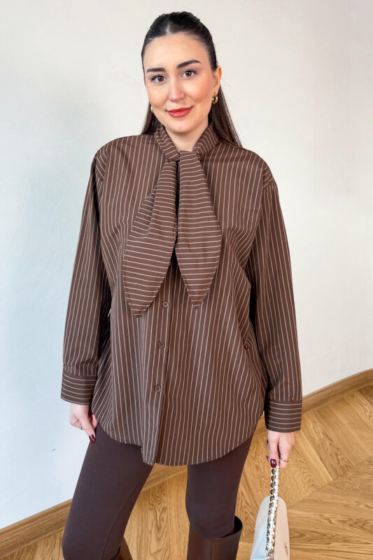 GML-0795 Kahverengi Çizgili Oversize Fular Yaka Gömlek - 4