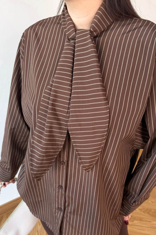 GML-0795 Kahverengi Çizgili Oversize Fular Yaka Gömlek - 5