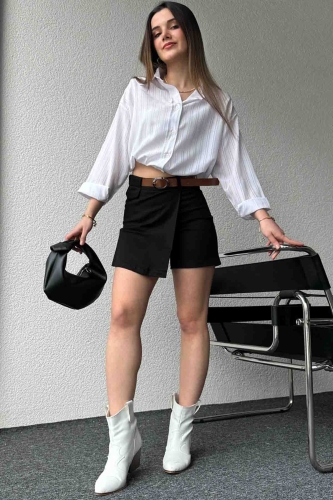 GML-10237 Beyaz Çizgili Pamuklu Kumaş Gömlek - 1