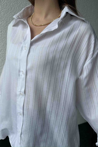 GML-10237 Beyaz Çizgili Pamuklu Kumaş Gömlek - 3