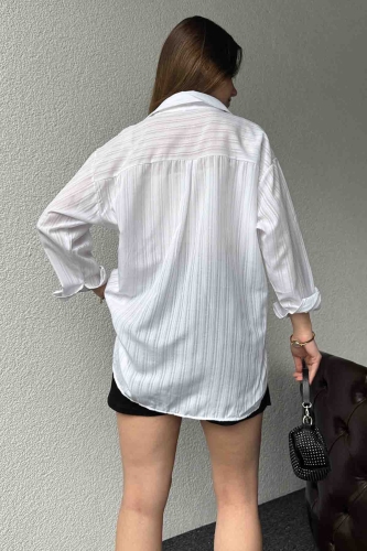 GML-10237 Beyaz Çizgili Pamuklu Kumaş Gömlek - 4