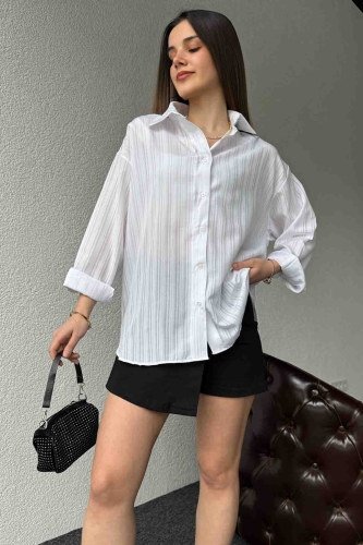 GML-10237 Beyaz Çizgili Pamuklu Kumaş Gömlek - 2