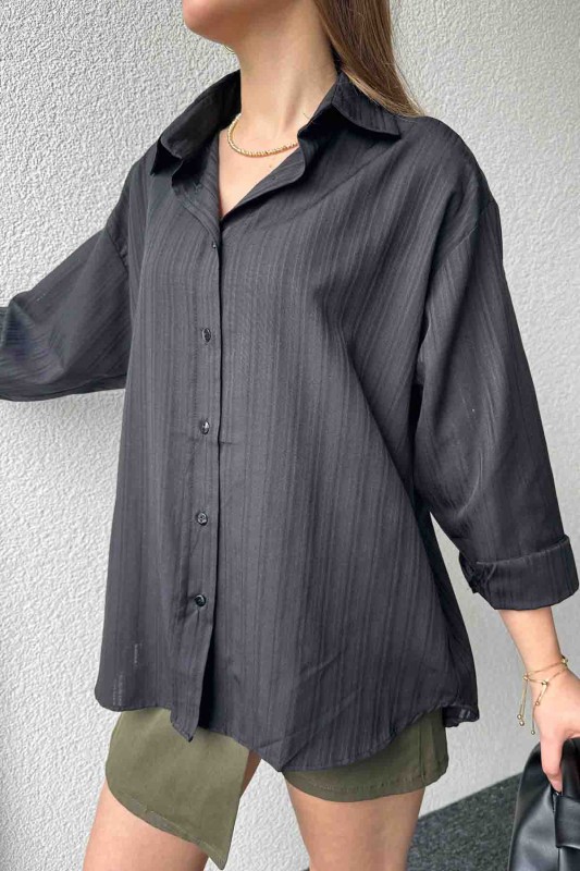 GML-10237 Siyah Çizgili Pamuklu Kumaş Gömlek - 3