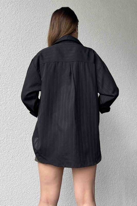 GML-10237 Siyah Çizgili Pamuklu Kumaş Gömlek - 4