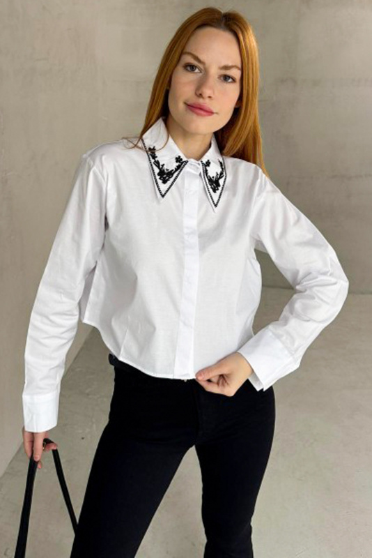 GML-10240 Beyaz Nakış Yaka Gizli Düğmeli Gömlek - 1