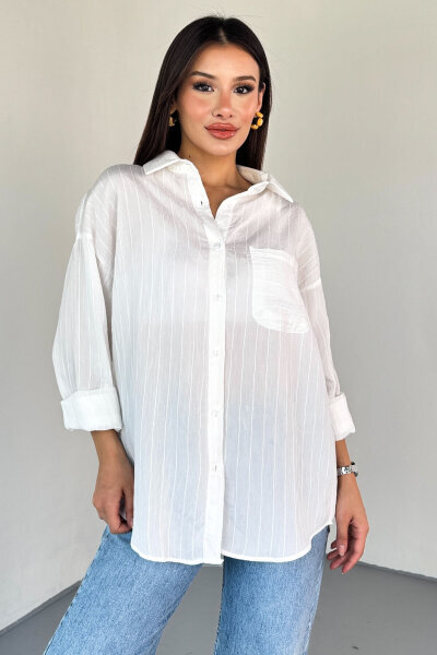 GML-10241 Beyaz Cep Detay Çizgili Salaş Gömlek - 4