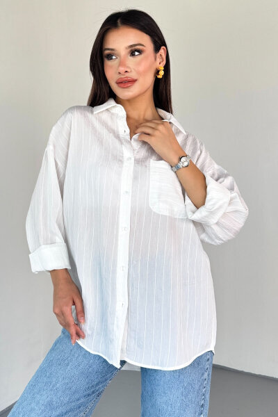 GML-10241 Beyaz Cep Detay Çizgili Salaş Gömlek
