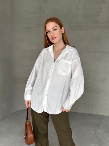 GML-10243 Beyaz Aerobin Kumaş Cep Detaylı Düğmeli Basıc Gömlek - Cappmoda