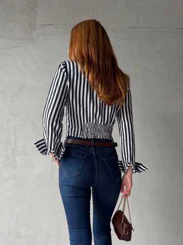 GML-10244 Lacivert Beyaz Çizgili Arka Bel Lastikli Detay Düğmeli Gömlek - 2
