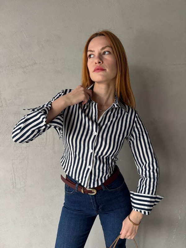 GML-10244 Lacivert Beyaz Çizgili Arka Bel Lastikli Detay Düğmeli Gömlek - 3