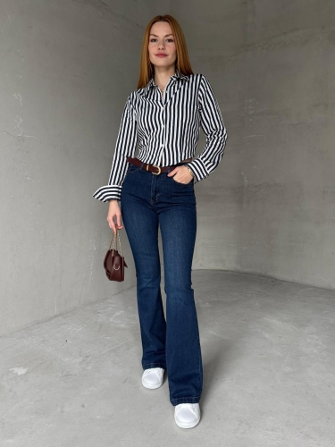 GML-10244 Lacivert Beyaz Çizgili Arka Bel Lastikli Detay Düğmeli Gömlek - 4