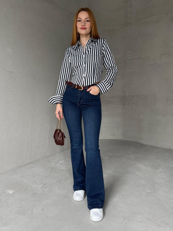 GML-10244 Lacivert Beyaz Çizgili Arka Bel Lastikli Detay Düğmeli Gömlek - 4