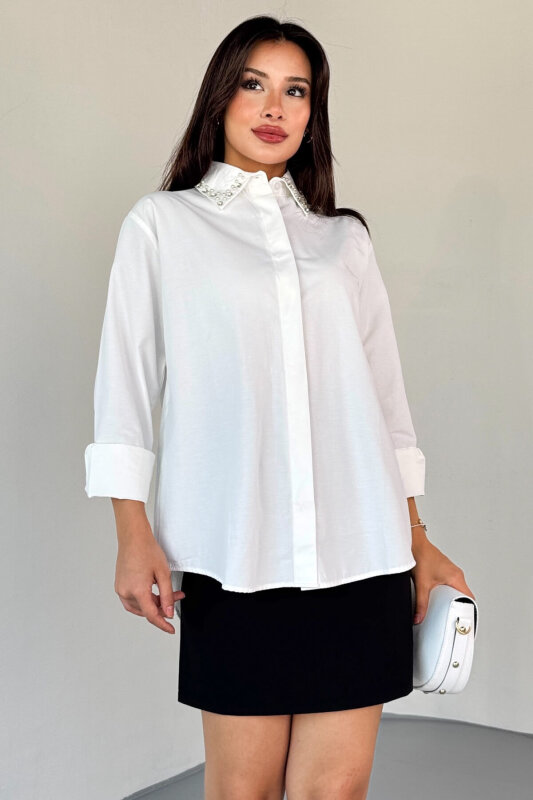 GML-10246 Beyaz Yaka Taşlı ve İncili Salaş Gömlek - 3