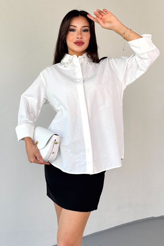 GML-10246 Beyaz Yaka Taşlı ve İncili Salaş Gömlek - 2