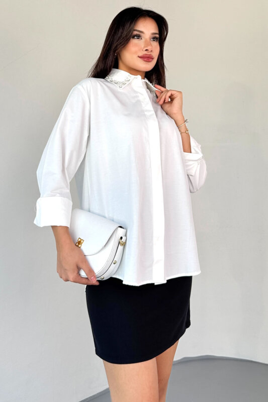 GML-10246 Beyaz Yaka Taşlı ve İncili Salaş Gömlek - 4