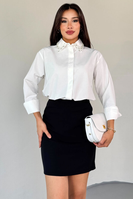 GML-10246 Beyaz Yaka Taşlı ve İncili Salaş Gömlek - 1