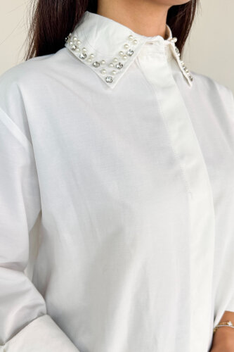 GML-10246 Beyaz Yaka Taşlı ve İncili Salaş Gömlek - 5