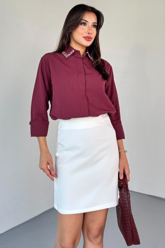 GML-10246 Bordo Yaka Taşlı ve İncili Salaş Gömlek - 3
