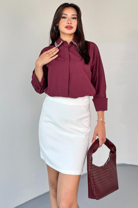 GML-10246 Bordo Yaka Taşlı ve İncili Salaş Gömlek - 2