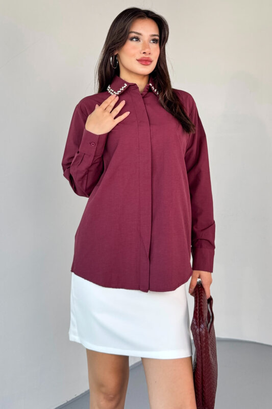 GML-10246 Bordo Yaka Taşlı ve İncili Salaş Gömlek - 5