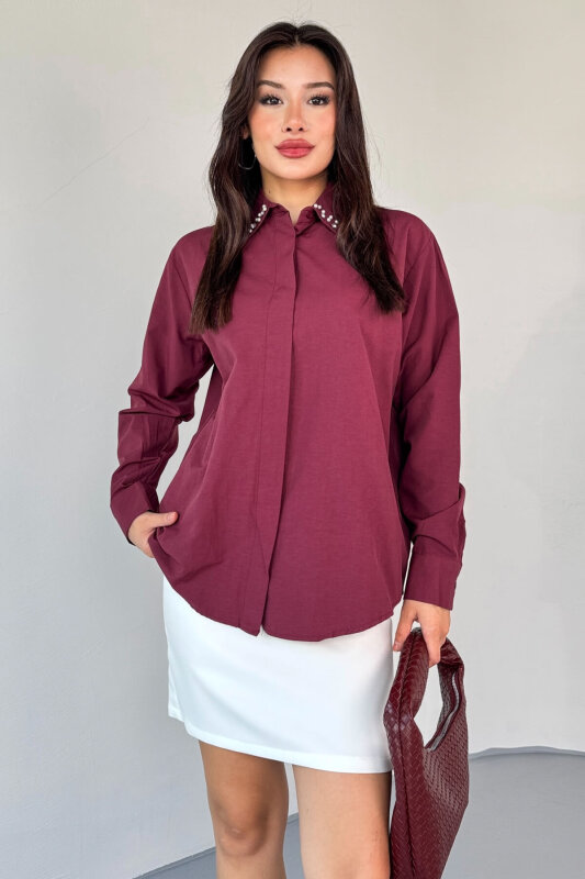 GML-10246 Bordo Yaka Taşlı ve İncili Salaş Gömlek - 6