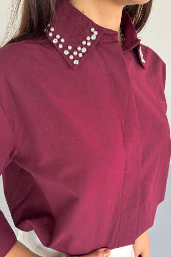 GML-10246 Bordo Yaka Taşlı ve İncili Salaş Gömlek - 7