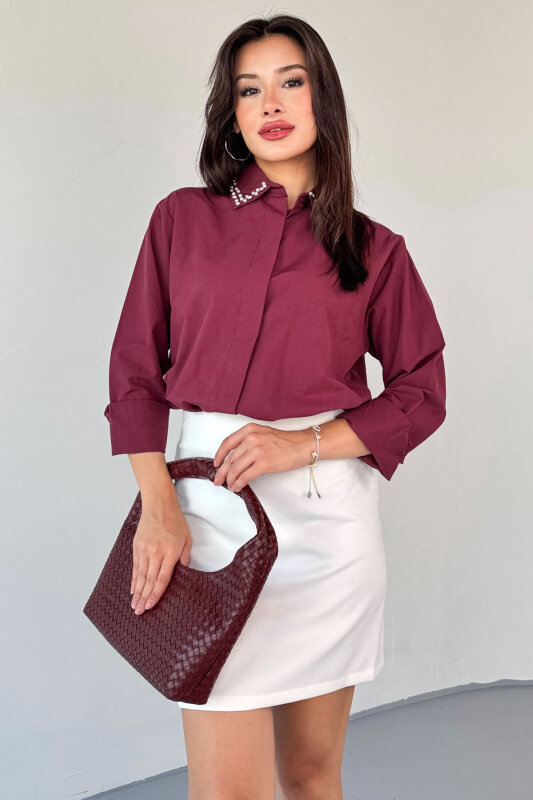 GML-10246 Bordo Yaka Taşlı ve İncili Salaş Gömlek - 1