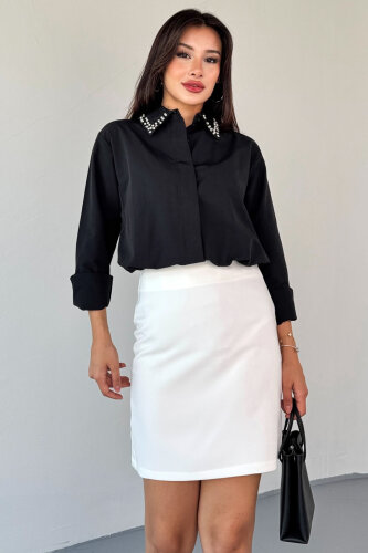 GML-10246 Siyah Yaka Taşlı ve İncili Salaş Gömlek - 4