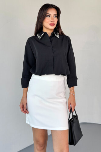 GML-10246 Siyah Yaka Taşlı ve İncili Salaş Gömlek - 5