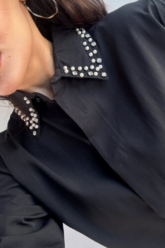 GML-10246 Siyah Yaka Taşlı ve İncili Salaş Gömlek - 2
