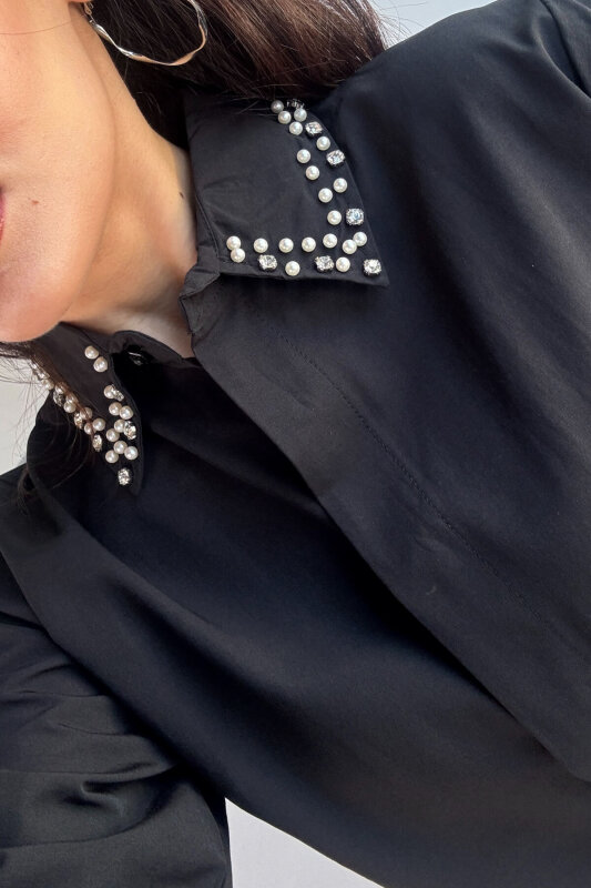 GML-10246 Siyah Yaka Taşlı ve İncili Salaş Gömlek - 2