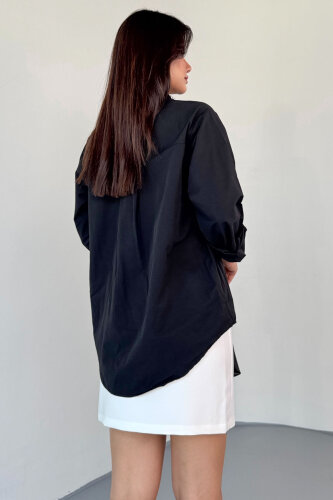 GML-10246 Siyah Yaka Taşlı ve İncili Salaş Gömlek - 6