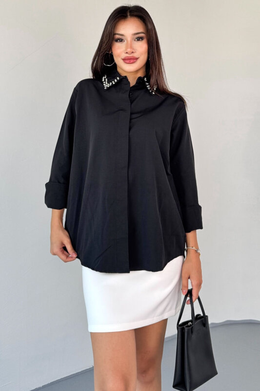 GML-10246 Siyah Yaka Taşlı ve İncili Salaş Gömlek - 3