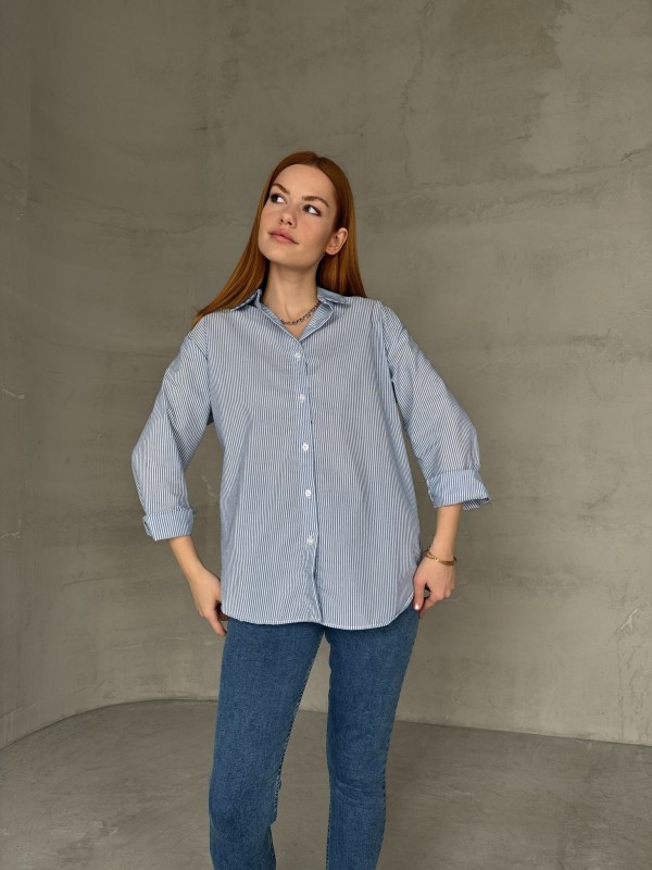 GML-10249 Mavi Çizgili Poplin Kumaş Salaş Gömlek - 2