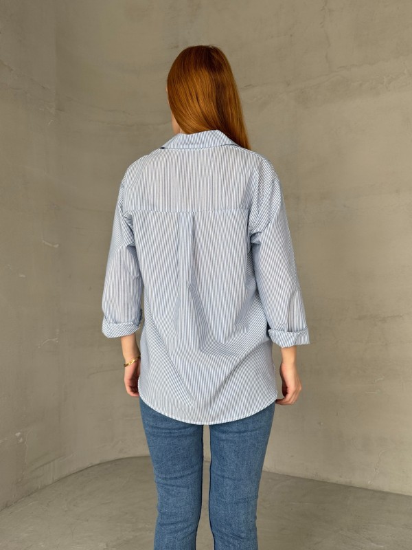 GML-10249 Mavi Çizgili Poplin Kumaş Salaş Gömlek - 4