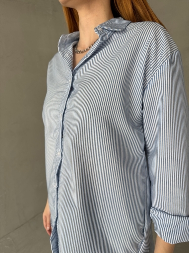 GML-10249 Mavi Çizgili Poplin Kumaş Salaş Gömlek - 3