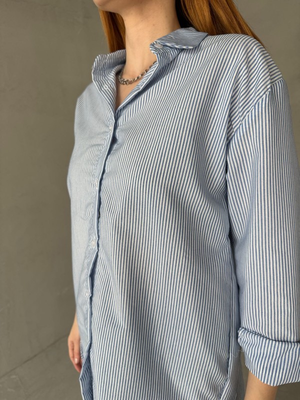 GML-10249 Mavi Çizgili Poplin Kumaş Salaş Gömlek - 3