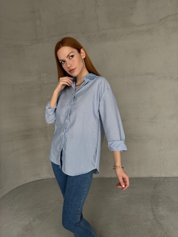 GML-10249 Mavi Çizgili Poplin Kumaş Salaş Gömlek - 1