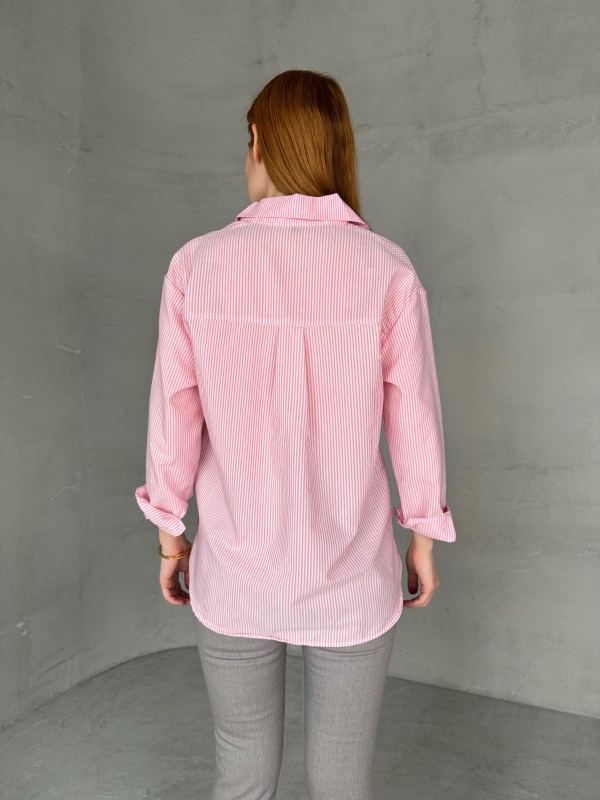 GML-10249 Pembe Çizgili Poplin Kumaş Salaş Gömlek - 4