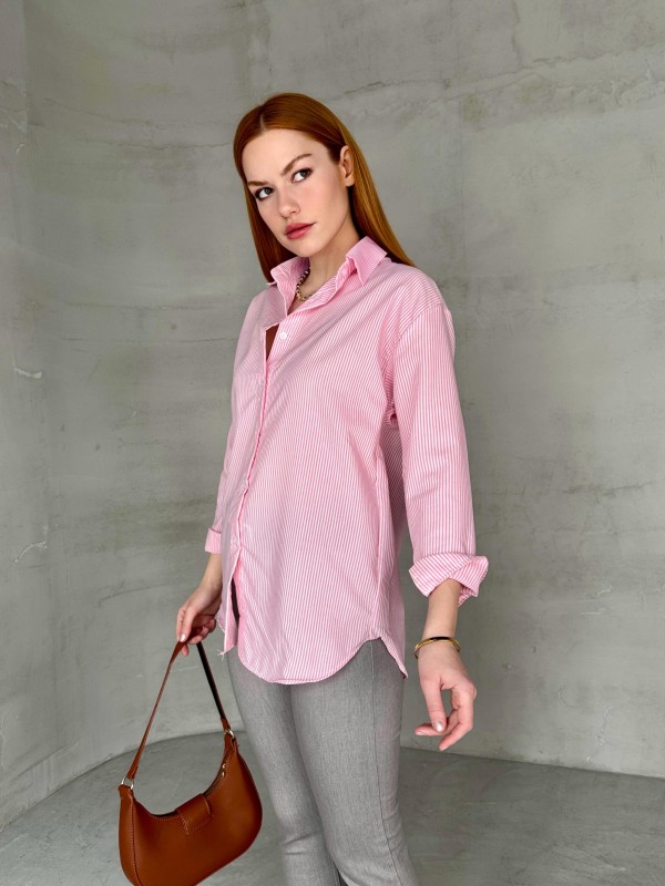GML-10249 Pembe Çizgili Poplin Kumaş Salaş Gömlek - 2