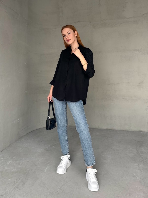 GML-10250 Siyah Poplin Kumaş Salaş Gömlek - 1