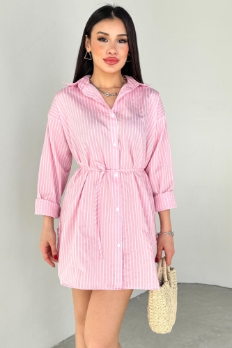 GML-10253 Pembe Beyaz Çizgili Bel Bağlamalı Gömlek Elbise - Cappmoda