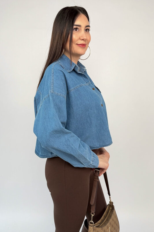 GML-10264 Mavi Crop Kesim Denim Gömlek - 2