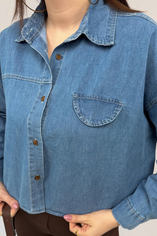 GML-10264 Mavi Crop Kesim Denim Gömlek - 3