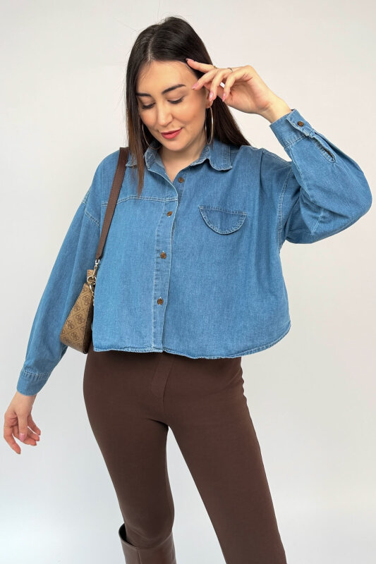 GML-10264 Mavi Crop Kesim Denim Gömlek - 1