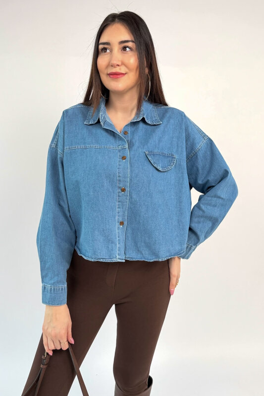 GML-10264 Mavi Crop Kesim Denim Gömlek - 4