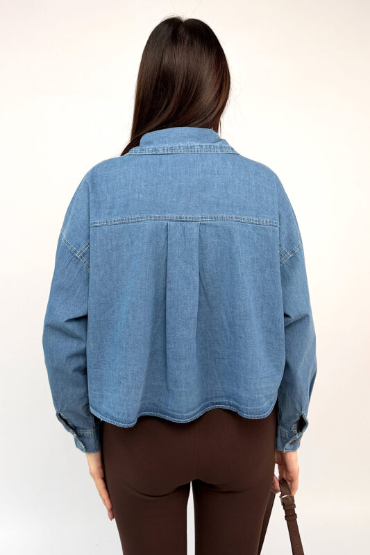 GML-10264 Mavi Crop Kesim Denim Gömlek - 5