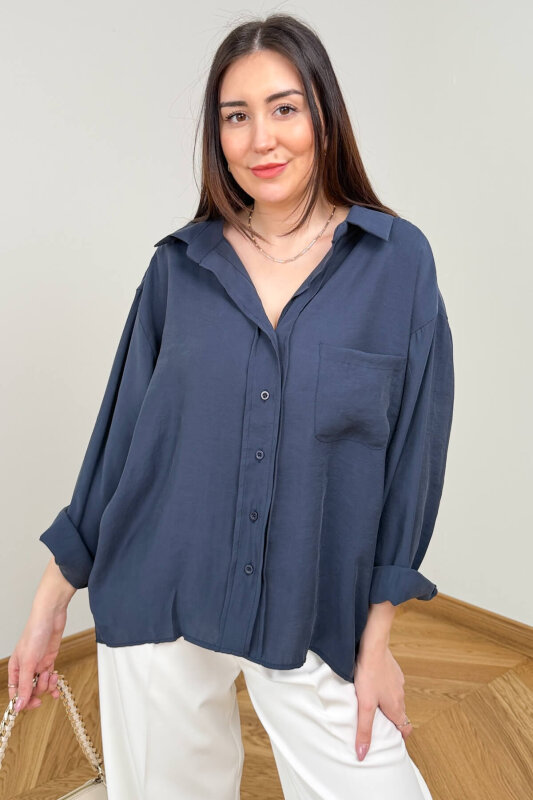GML-10266 İndigo Soft Tensel Pamuklu Basic Gömlek - 1