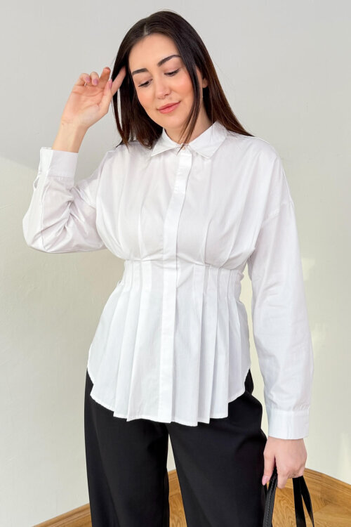 GML-10267 Beyaz Pensli ve Tasarım Kesim Trikoton Gömlek 